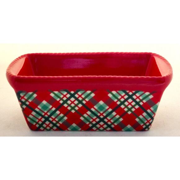 LOAF BAKING DISH-TEMP-TATIONS-Ceramic-Red & Green-Plaid-Holiday Theme-Small - Picture 1 of 8